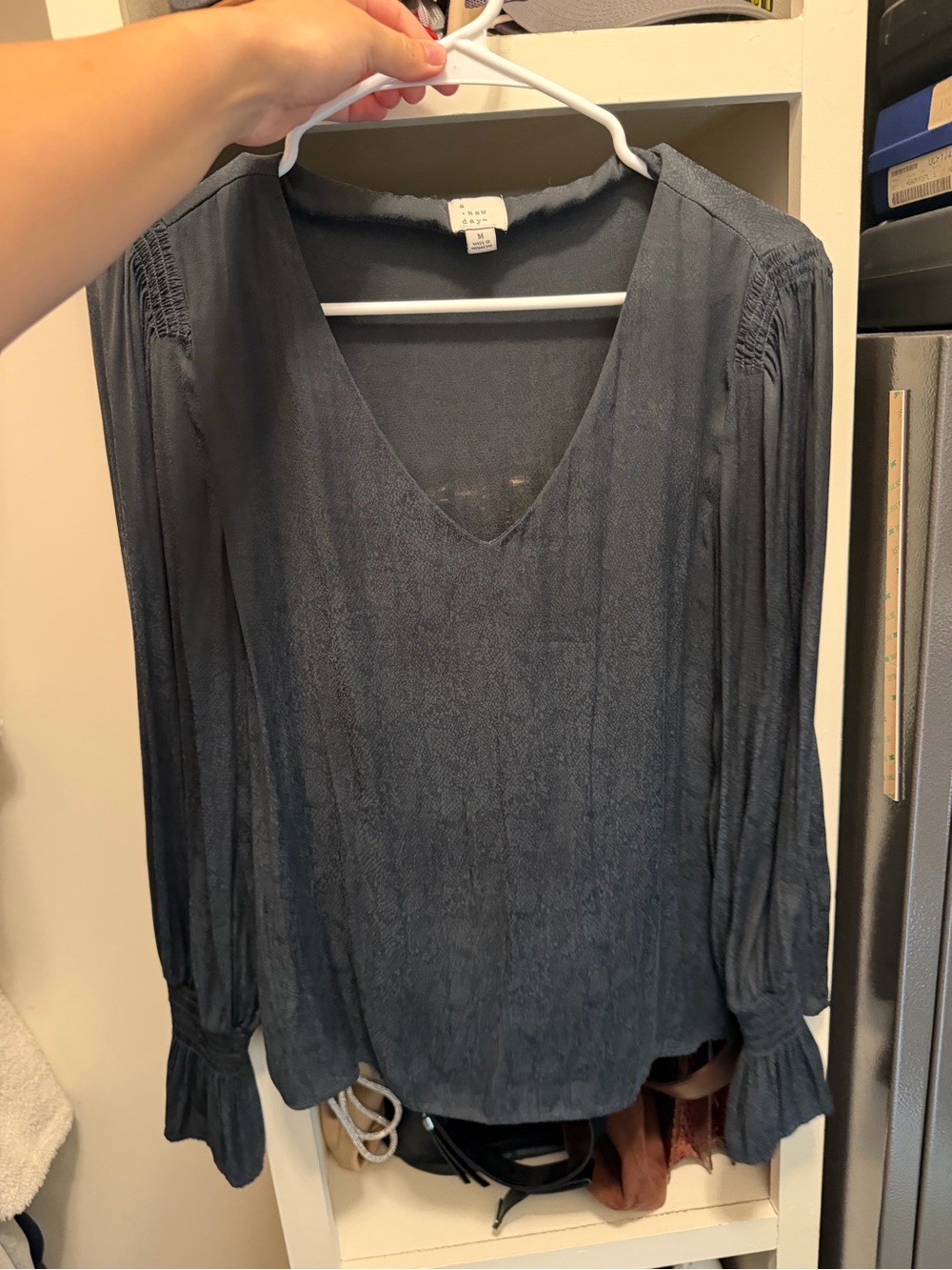 Lightweight V-Neck Long Sleeve Blouse - Gray/Teal with subtle snake print